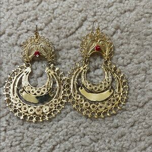 Gold Filigree Crescent Hoop Earrings with Red Accent